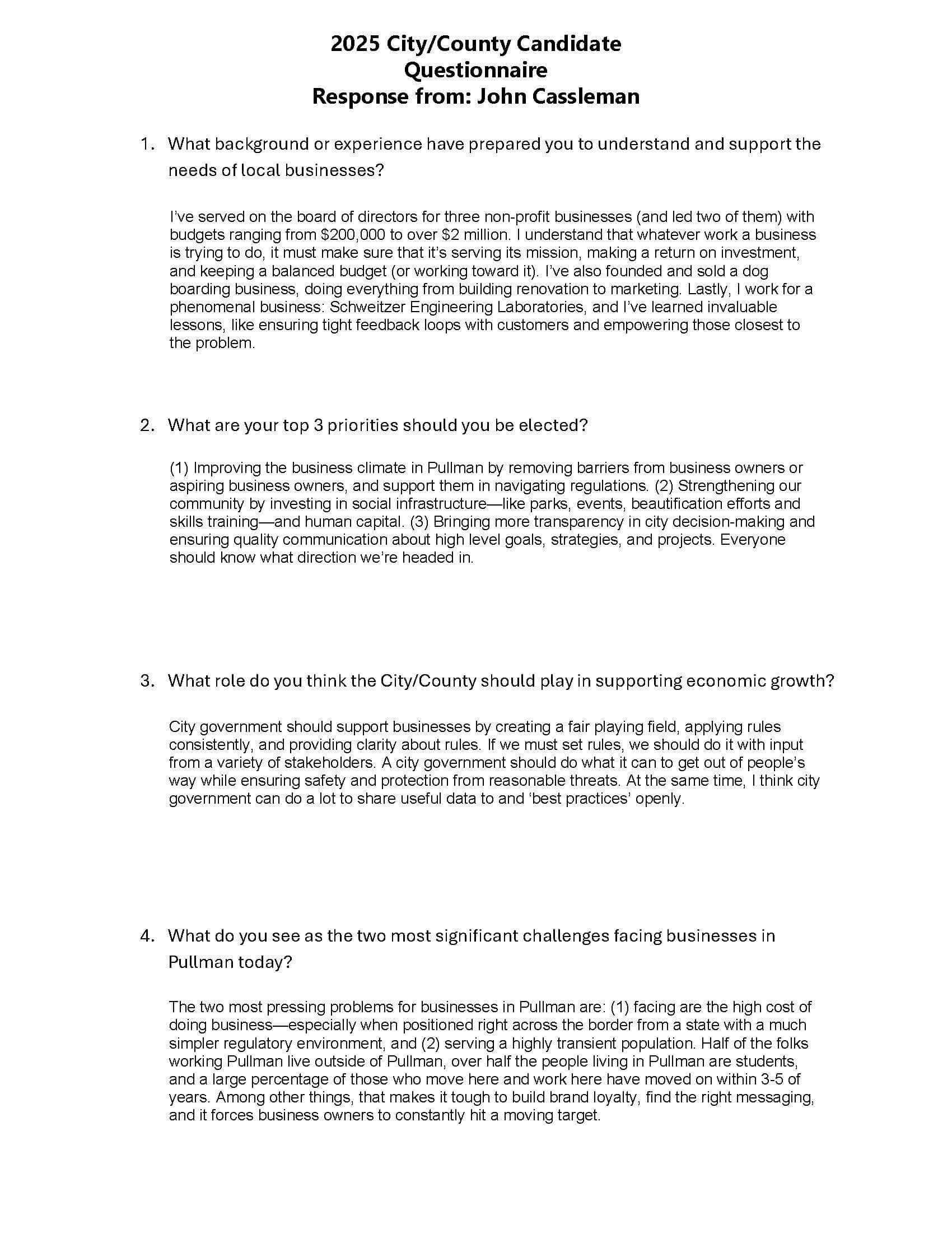 John Cassleman Candidate Questionnaire and Answers