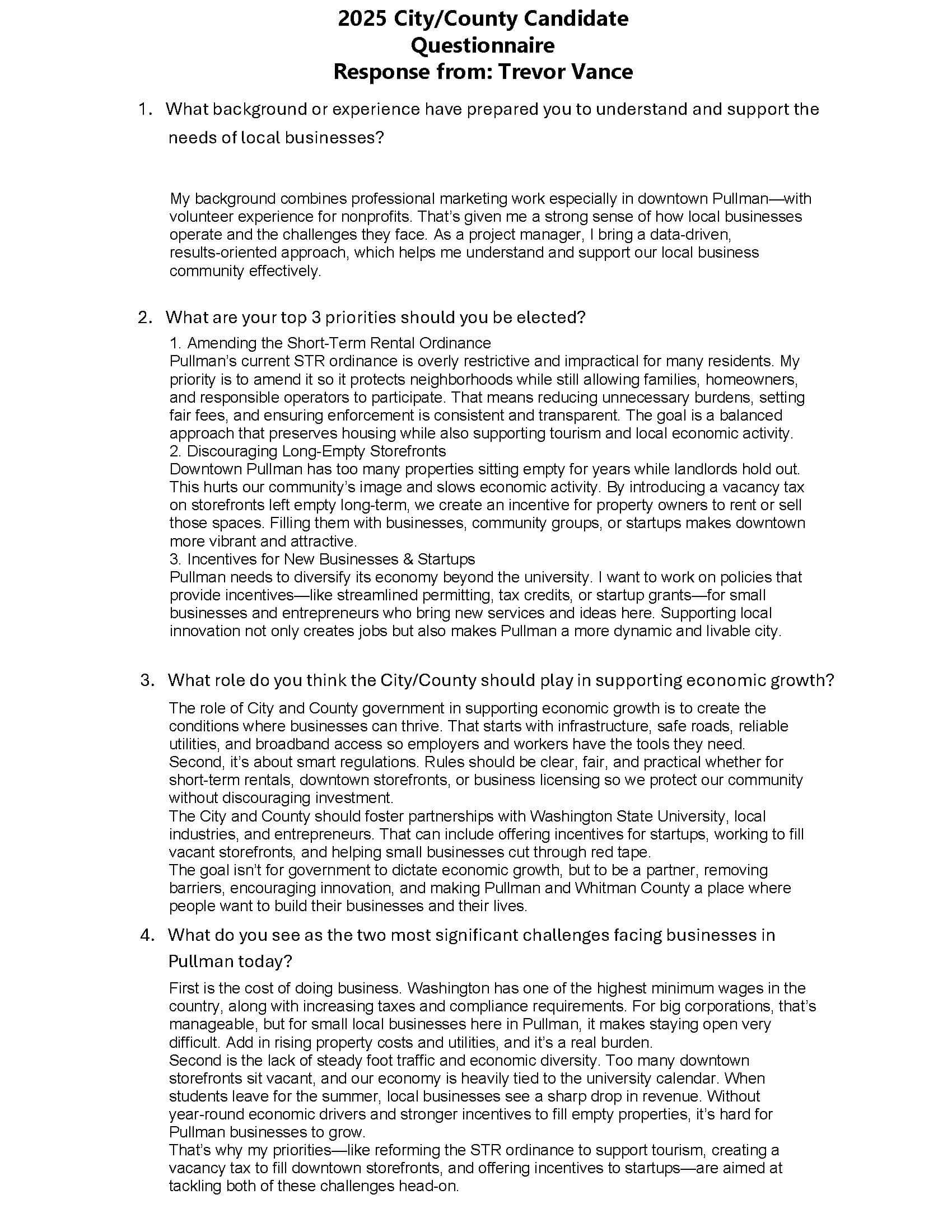 Trevor Vance Candidate Questionnaire and Answers