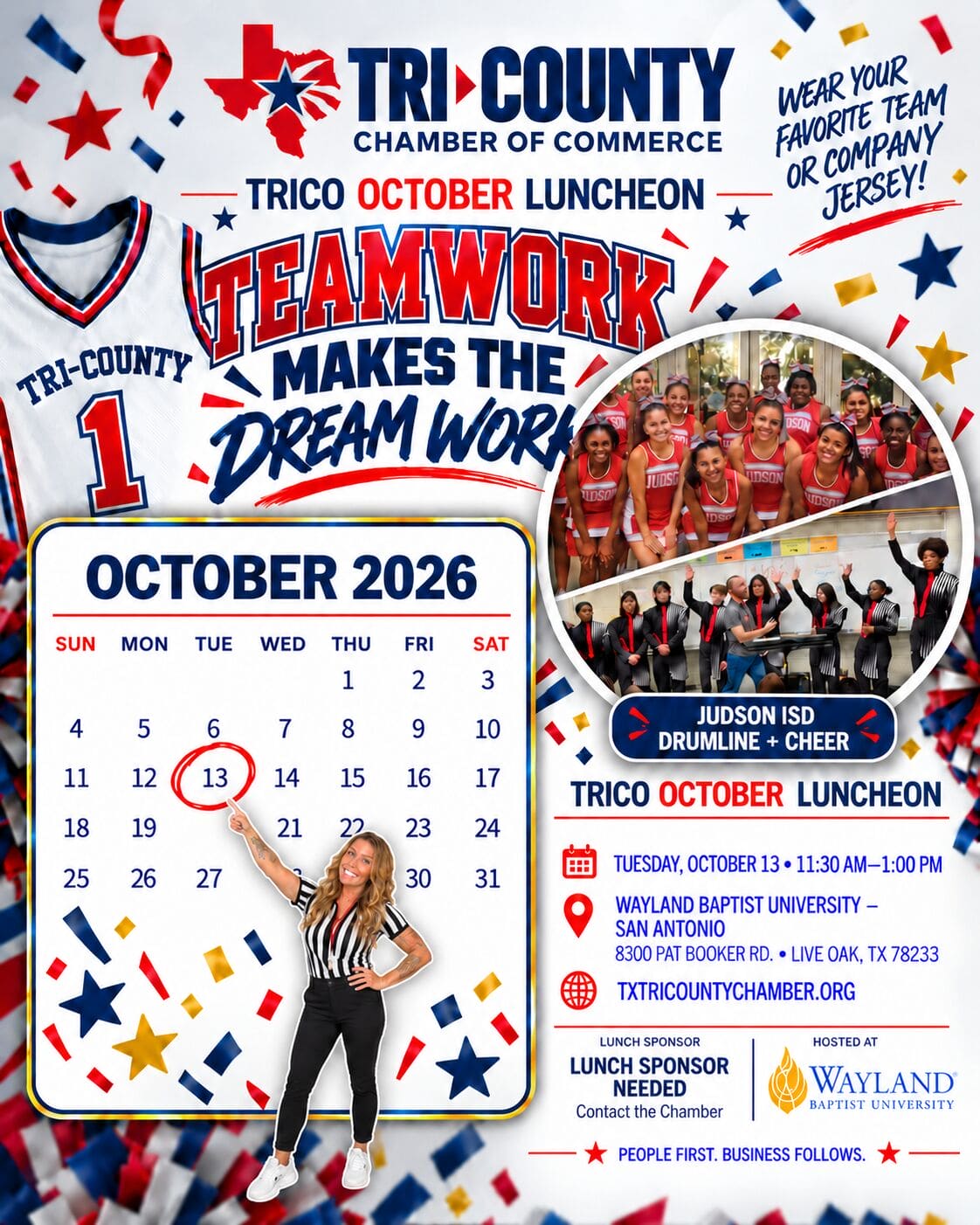 Becki in a referee uniform points to October 13 for the Teamwork Makes the Dream Work luncheon