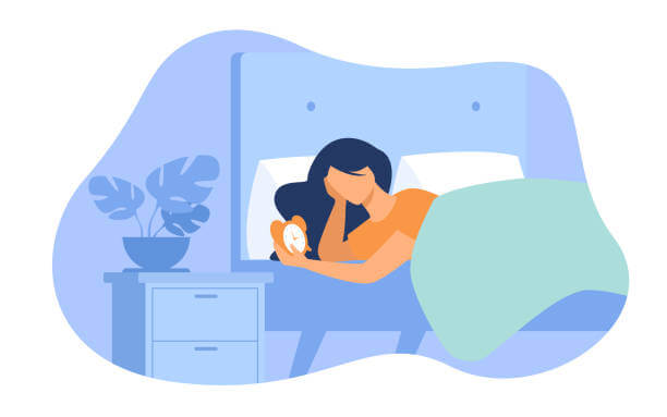 Sleepless woman lying in bed and looking at alarm clock isolated flat vector illustration. Cartoon female person with sleep disorder. Insomnia and sadness concept