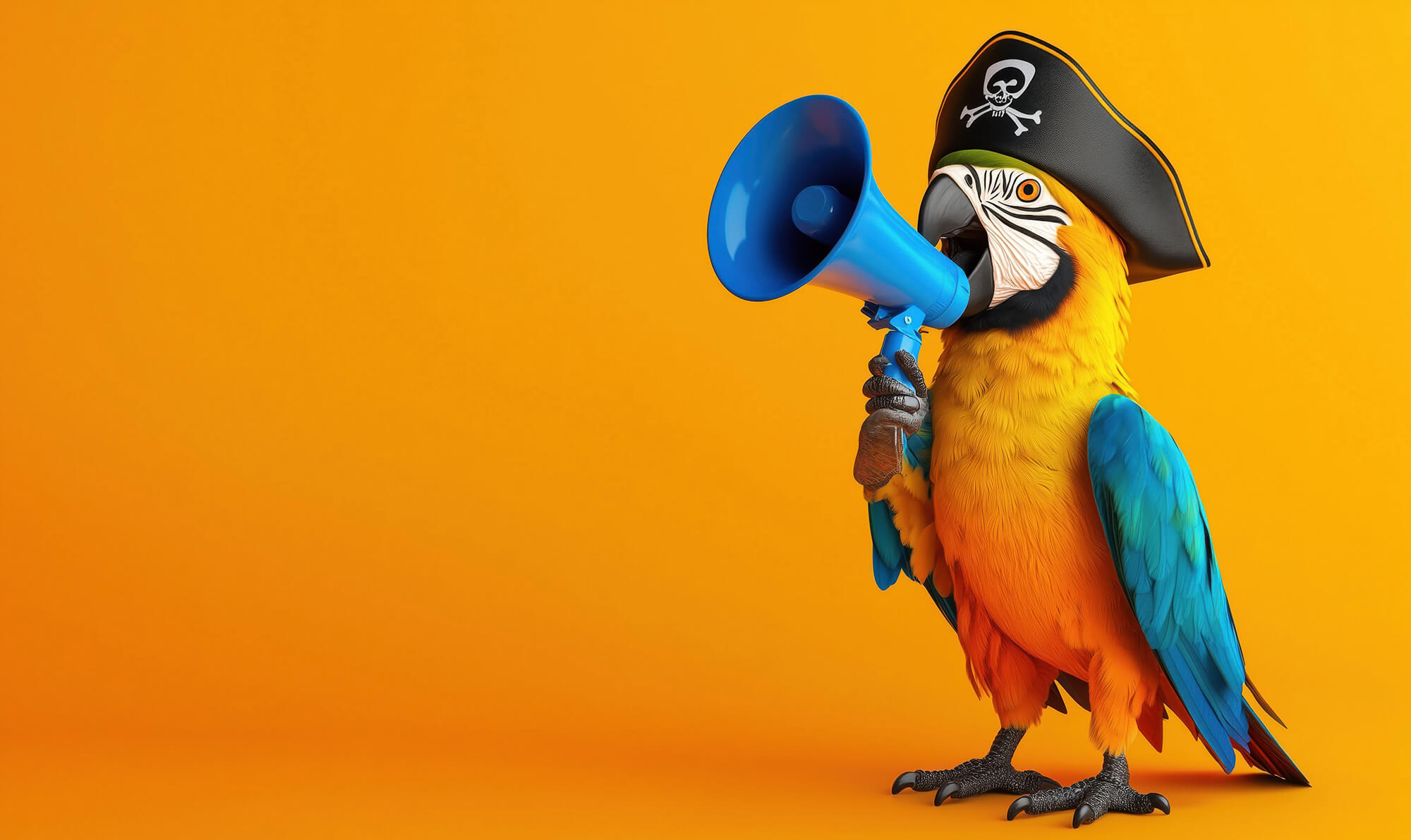 Colorful pirate parrot with megaphone on bright orange backgroun parrot