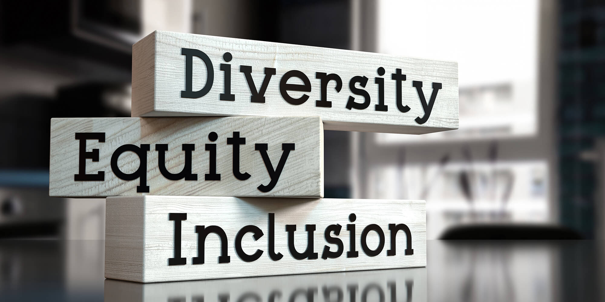 Diversity, equity, inclusion - words on wooden blocks - 3D illus DEI graphic
