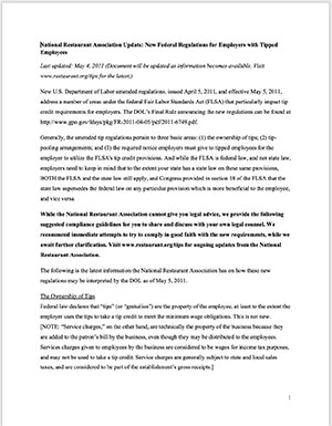NRA Update-Federal Regulations for Employers with Tipped Employees