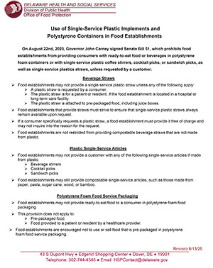 Division of Public Health/Office of Food Protection
Use of Single-Service Plastic Implements and Polystyrene Containers in Food Establishments
