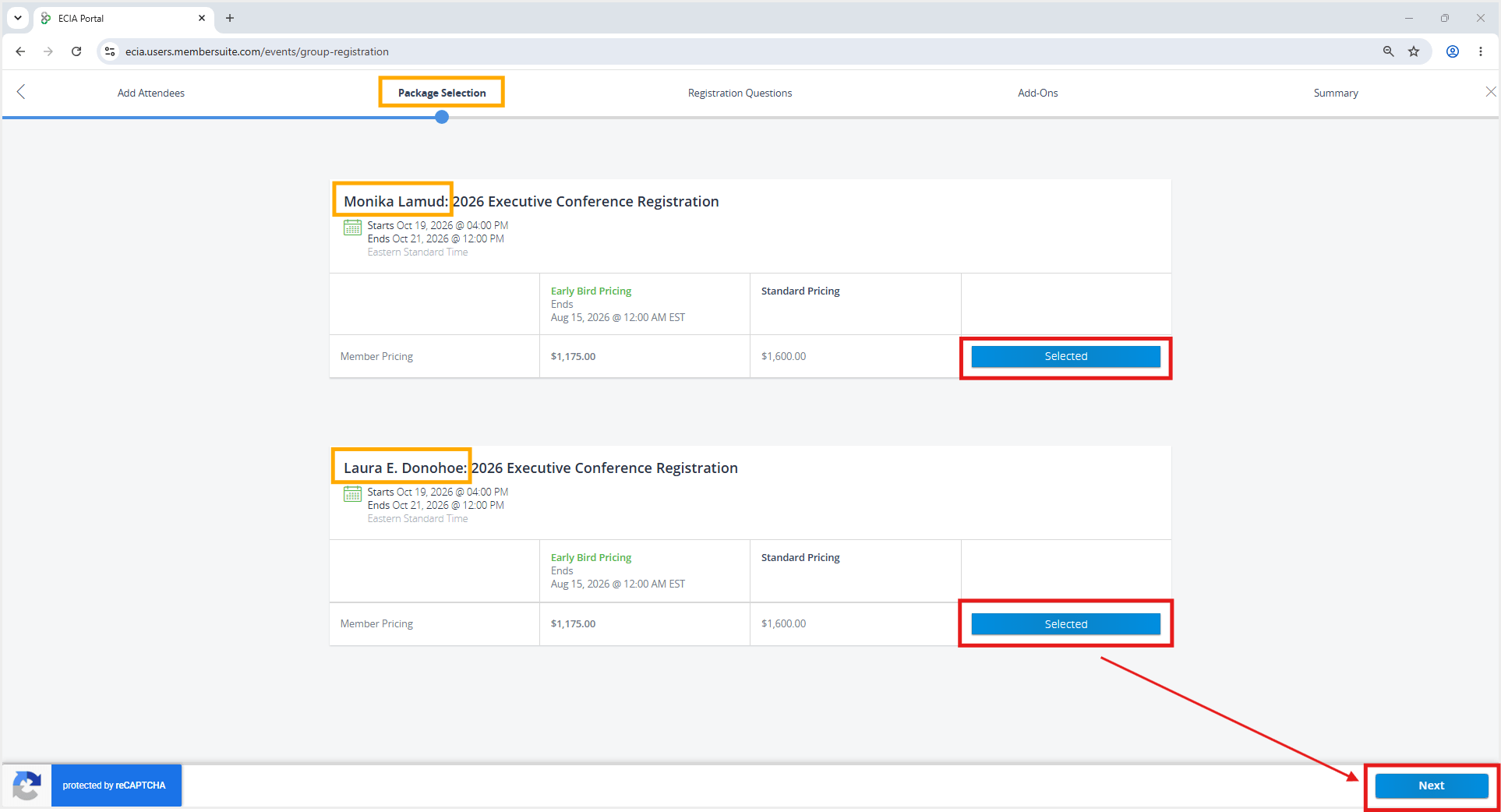Group - Select Registration for Each Attendee