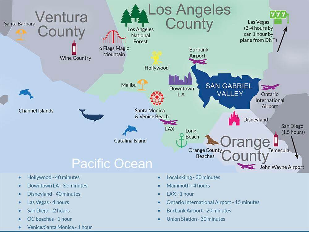 SGV map Graphical illustrated map of San Gabriel Valley features and places