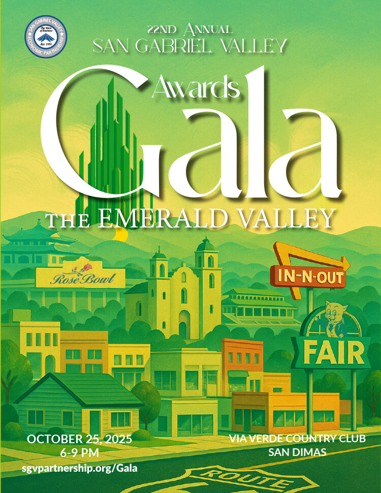 Flier for the 2025 San Gabriel Valley Awards Gala, showing a stylized version of iconic SGV landmarks