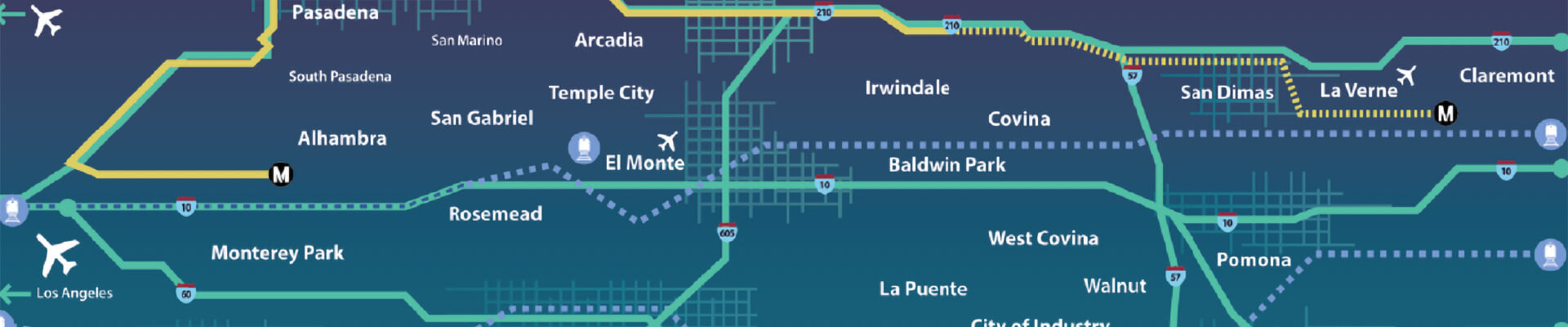 A stylized map showing cities and transportation in the San Gabriel Valley