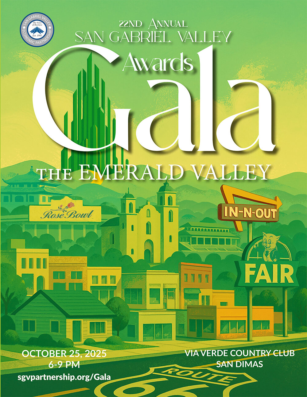 Fanciful San Gabriel Valley landscape showing iconic local sites, with the Emerald City in the distant background.