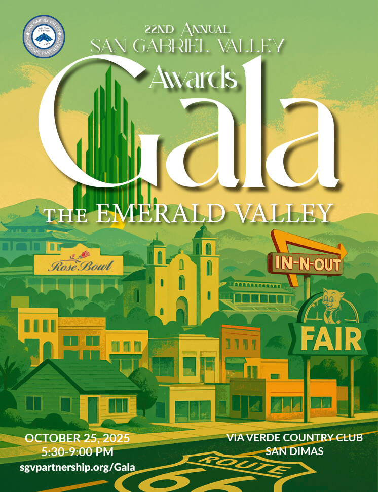 Fanciful stylized landscape of the San Gabriel Valley showing various iconic local buildings, with the Emerald City from Wizard of Oz in the distant background