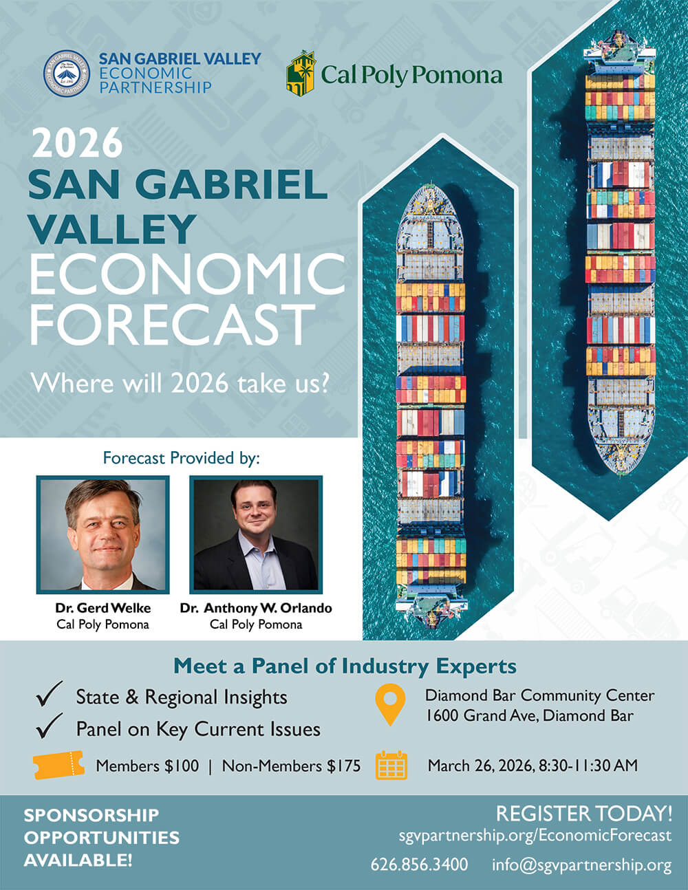 2026 Economic Forecast save the date Flier for 2026 SGV Economic Forecast showing two speakers and a cargo ship