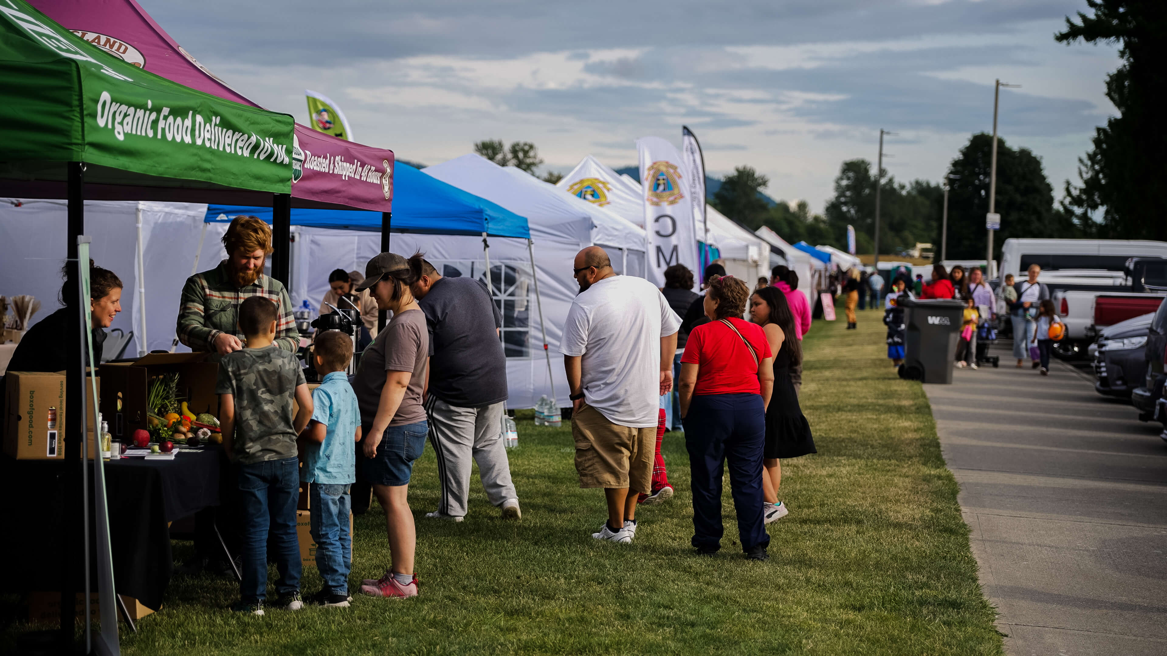 People browsing vendor booths at the Berry Dairy Days vendor fair at Skagit River Park in Burlington Washington