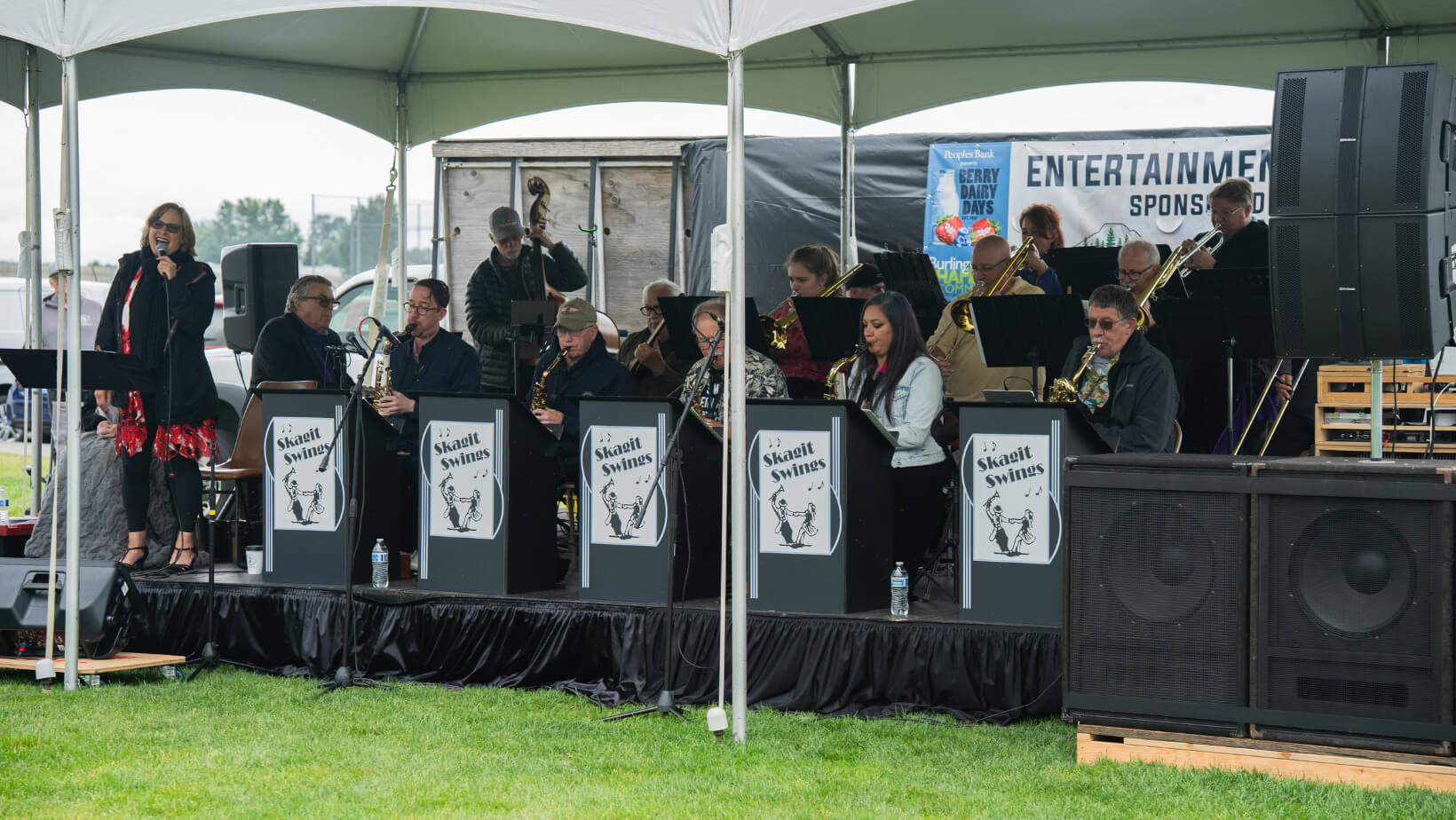 Skagit Swings Big Band performing live on the Berry Dairy Days entertainment stage at Skagit River Park in Burlington Washington