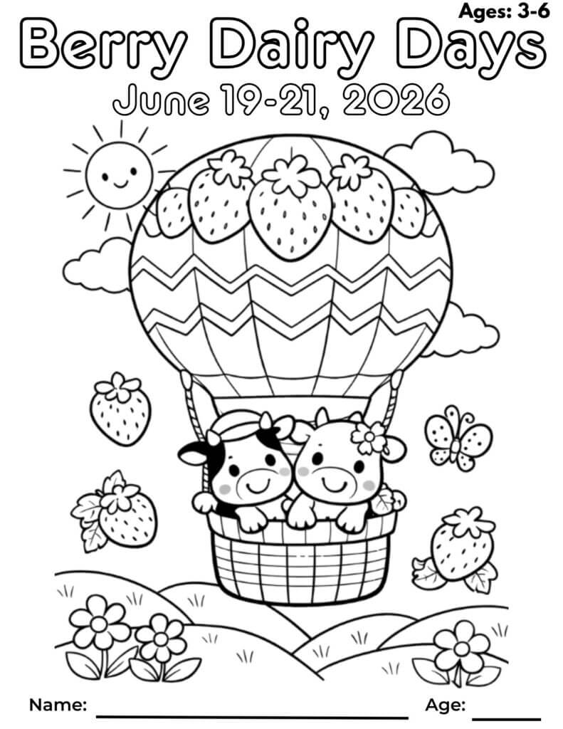 Berry Dairy Days coloring page for kids ages 3 to 6 featuring a strawberry-themed hot air balloon and farm scene in Burlington WA