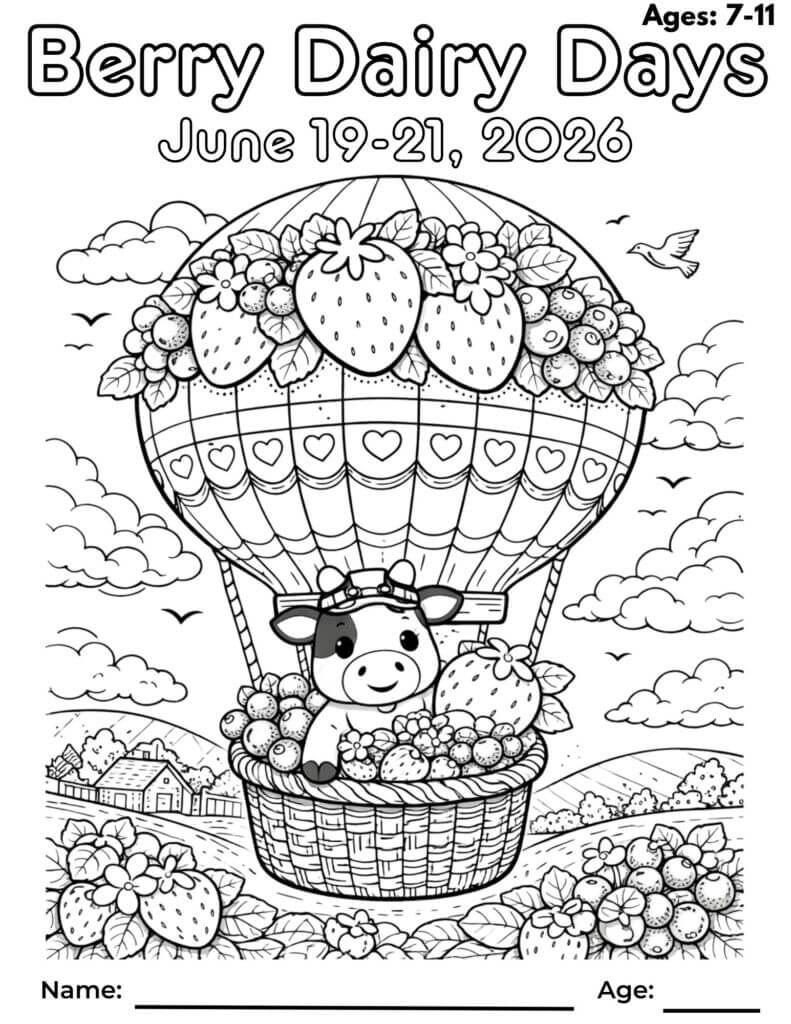 Berry Dairy Days coloring page for kids ages 7 to 11 featuring a detailed strawberry hot air balloon and Skagit Valley farm scene