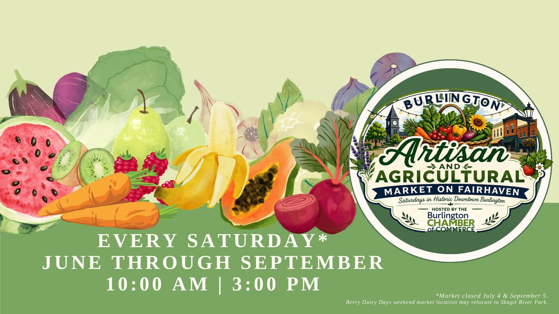 Burlington Artisan and Agricultural Market on Fairhaven logo featuring fresh produce and Historic Downtown Burlington