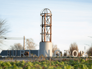 Historic Burlington silo landmark visible when entering Burlington Washington