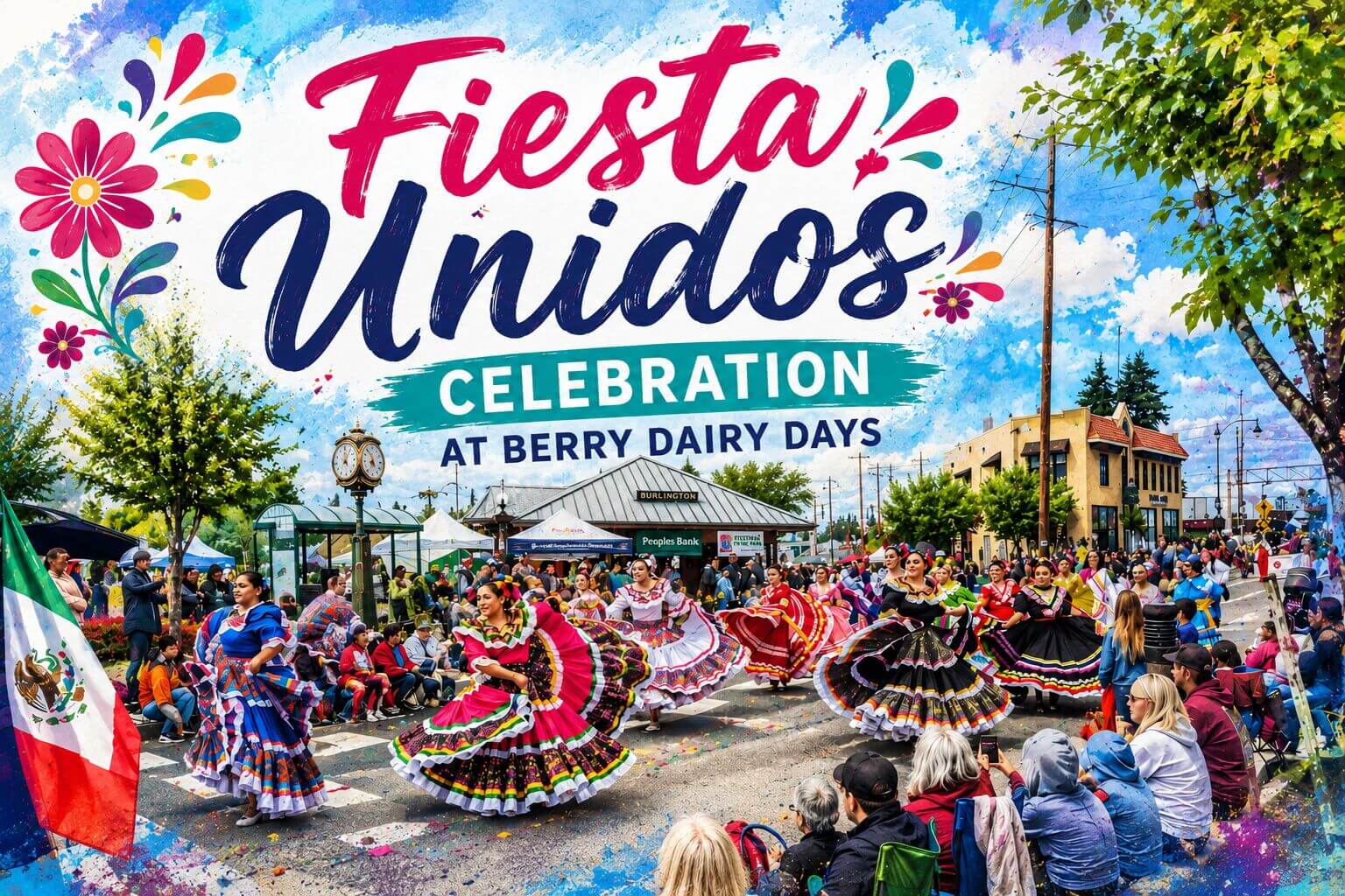 Colorful folklórico dancers performing during the Fiesta Unidos Celebration at Berry Dairy Days in Burlington WA