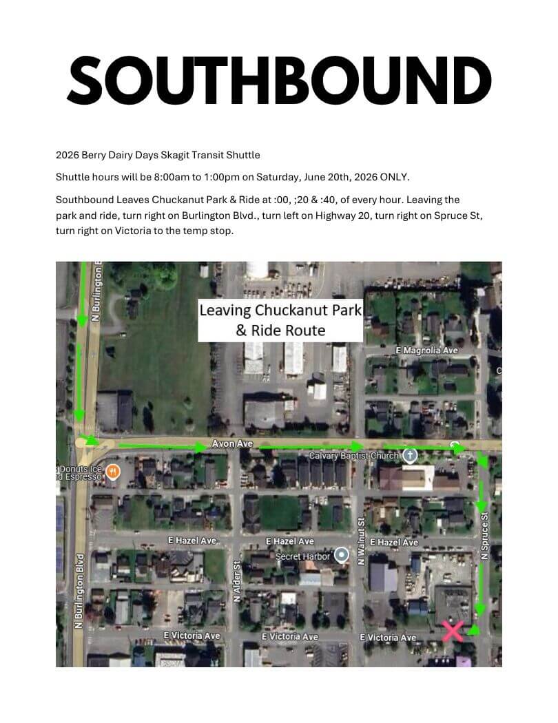 Map showing the southbound Skagit Transit shuttle route, including pickup and drop-off locations for the free Berry Dairy Days Grand Parade shuttle in Burlington, Washington.