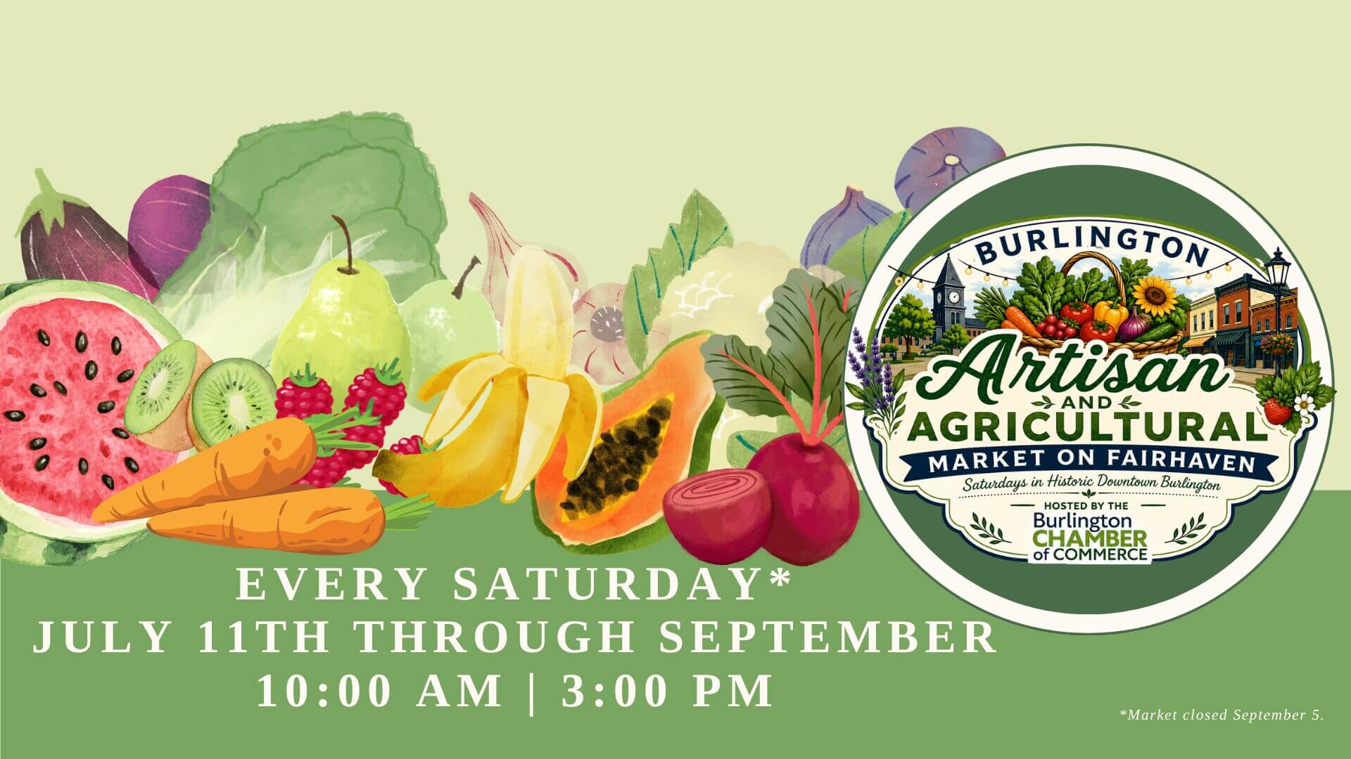Burlington Artisan and Agricultural Market on Fairhaven logo featuring fresh produce and Historic Downtown Burlington