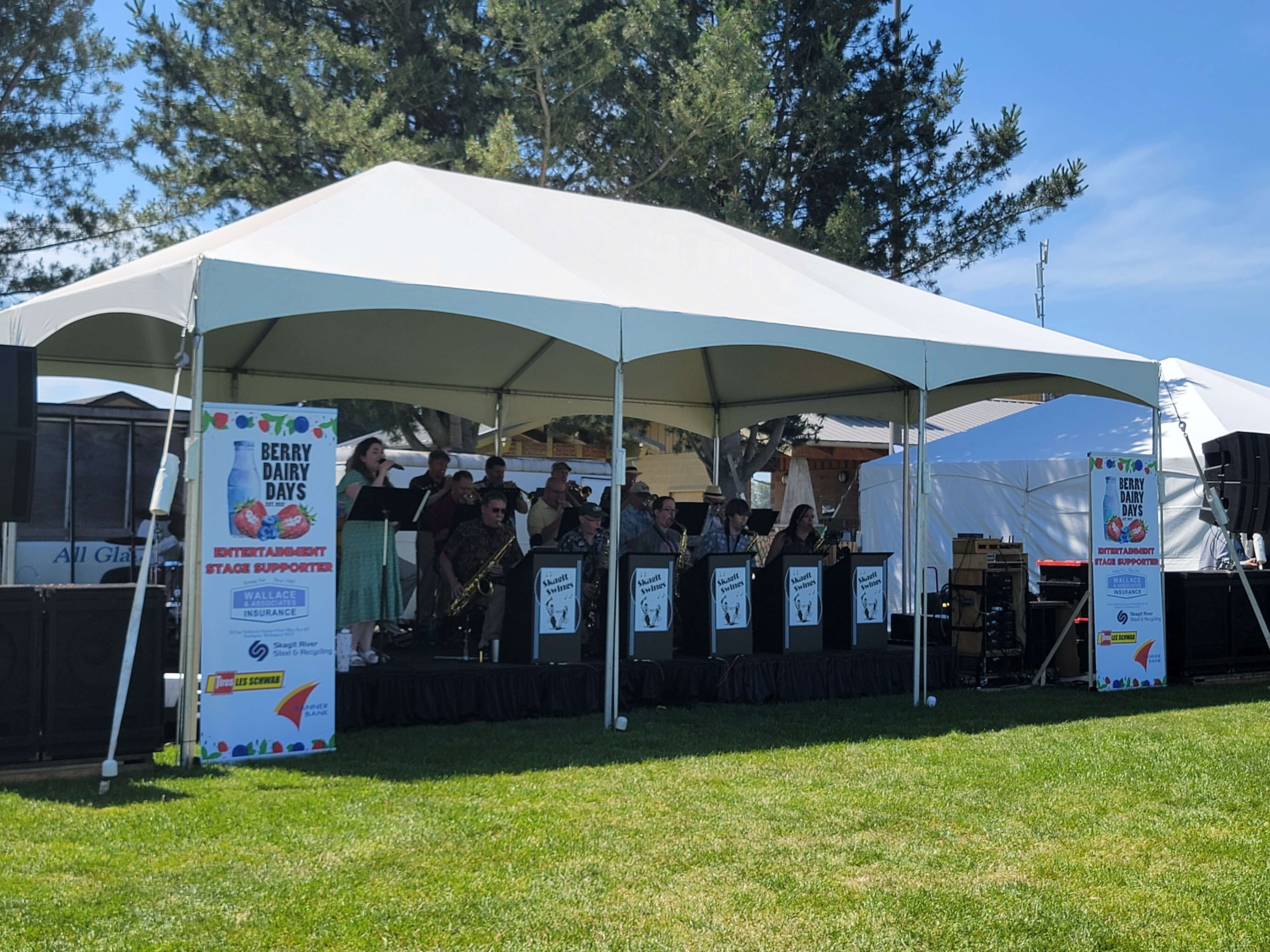 Skagit Swing Band performing live on the Berry Dairy Days Entertainment Stage in Burlington, Washington.