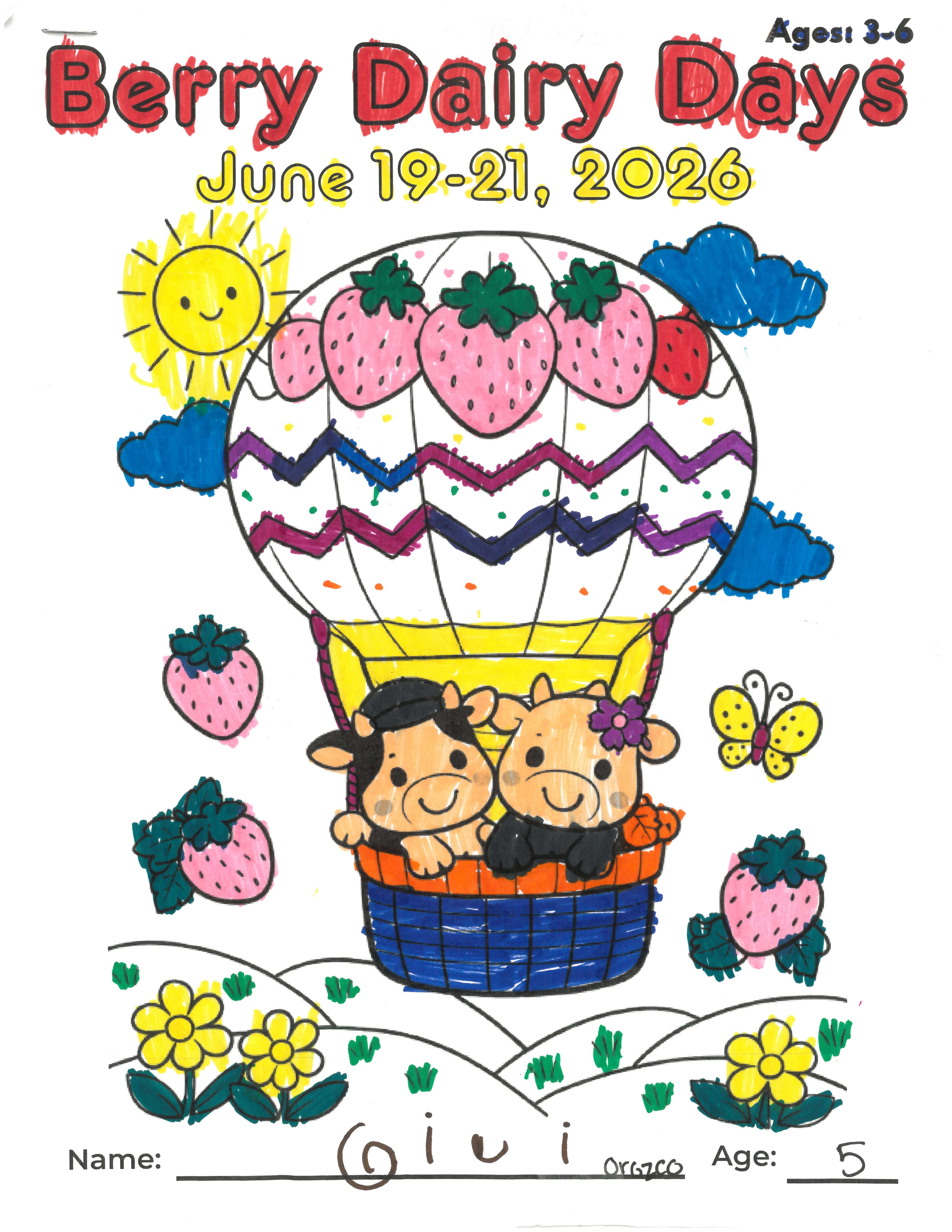 Second-place Berry Dairy Days coloring page with a pink and white hot air balloon, two cows, strawberries, blue clouds, flowers, and a butterfly.