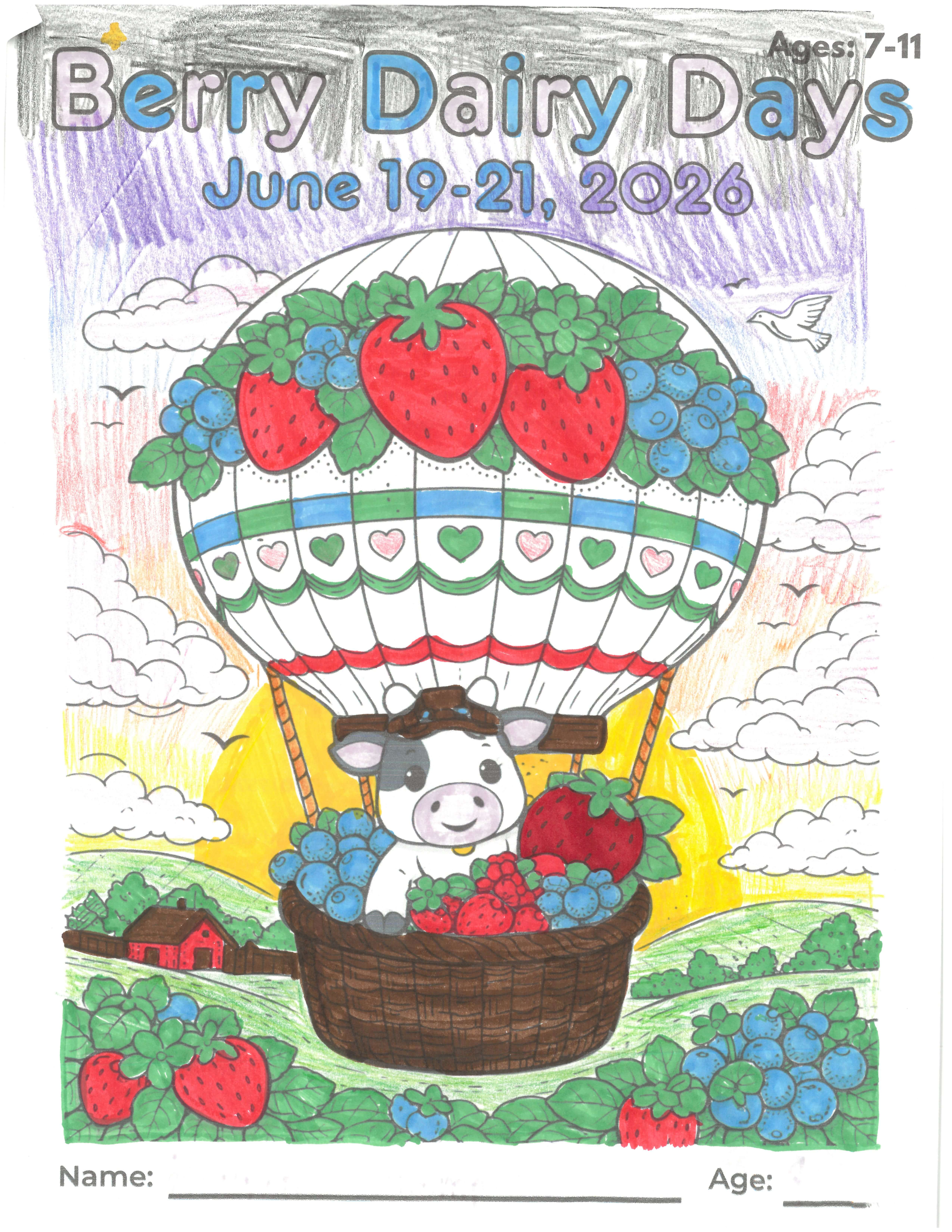 Award-winning Berry Dairy Days coloring page with a white, green, and blue hot air balloon decorated with strawberries and blueberries.