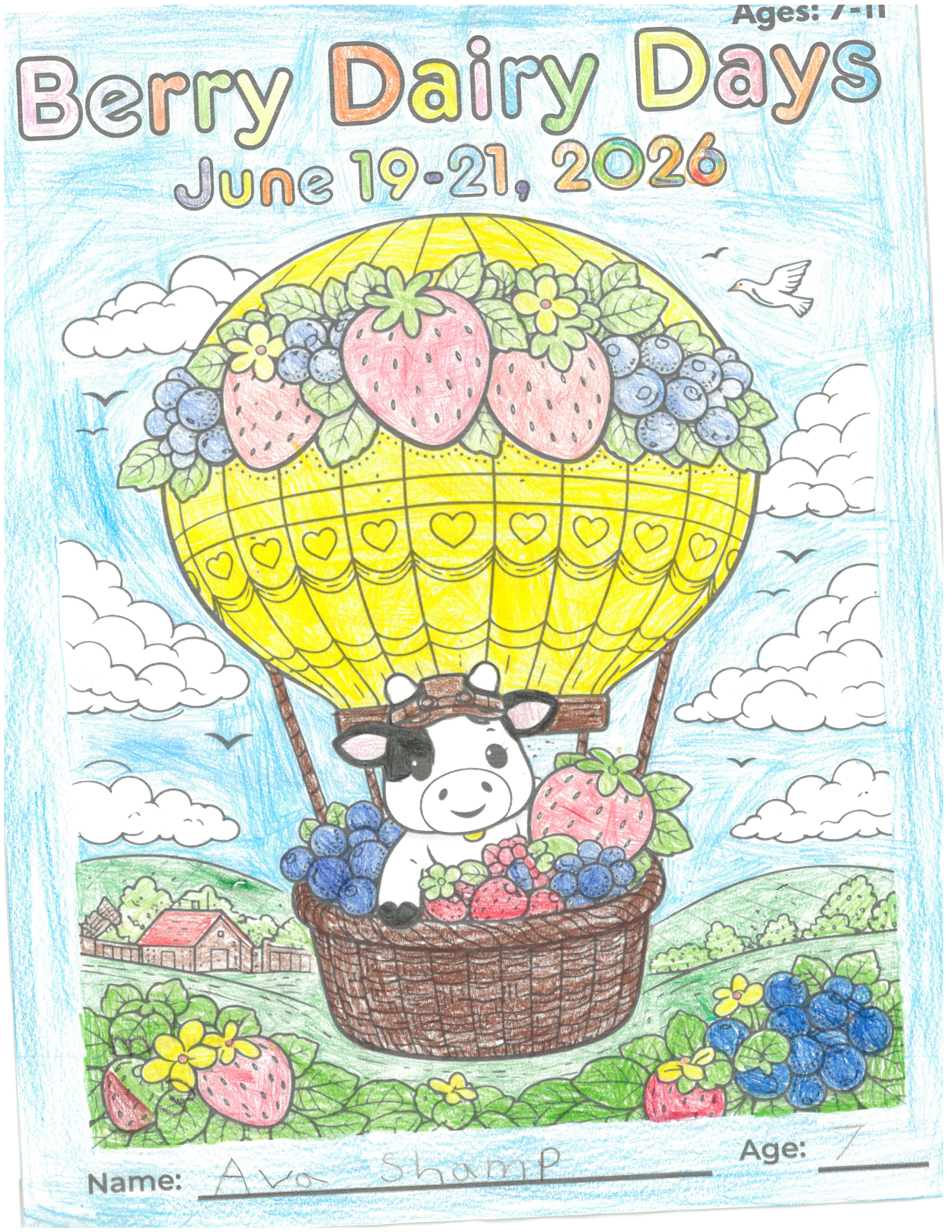Third-place Berry Dairy Days coloring page featuring a yellow hot air balloon decorated with berries, a cow mascot, blue sky, and green farmland.