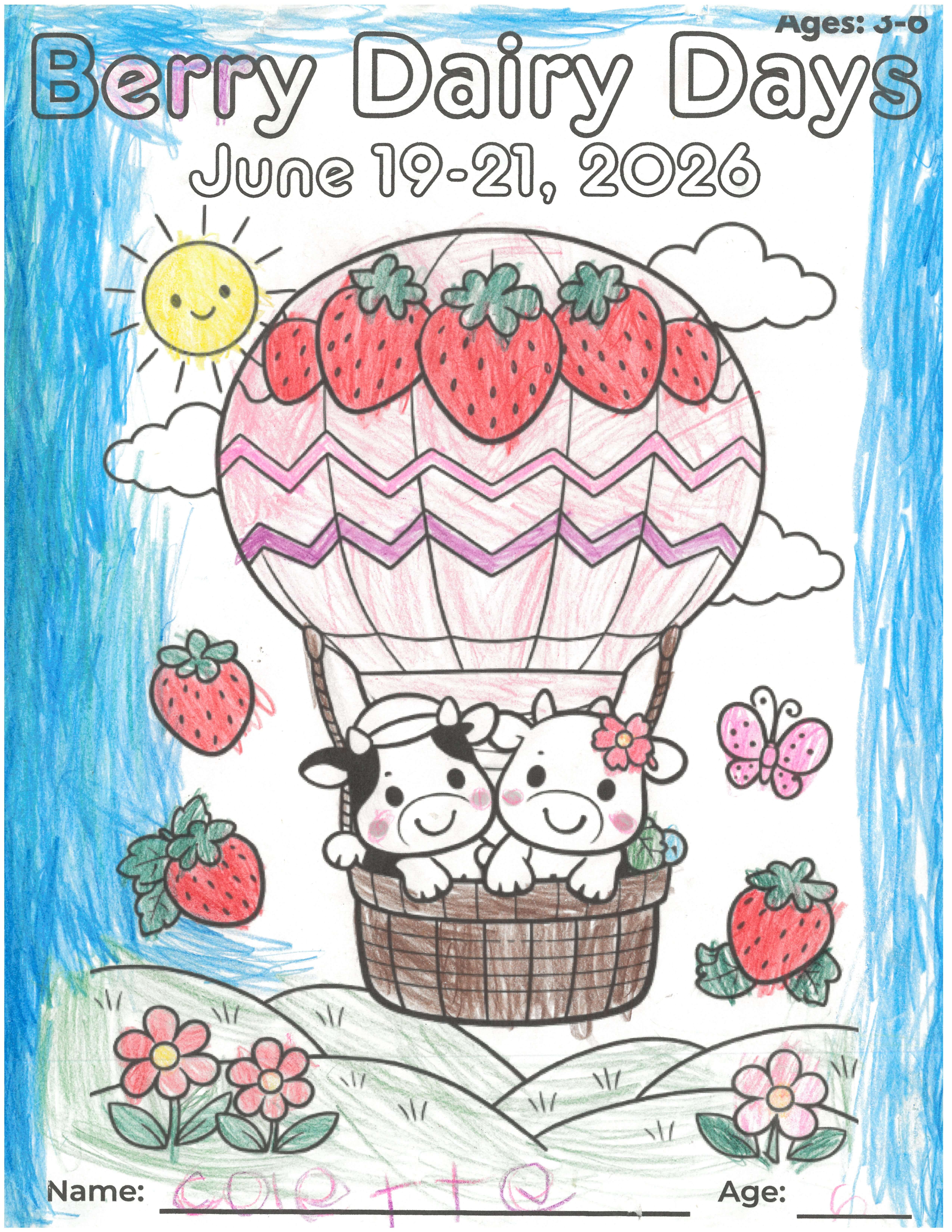 The second-place entry in the ages 3–6 division of the 2026 Berry Dairy Days Coloring Page Contest. The colorful design features two cows riding in a berry-themed hot air balloon surrounded by strawberries, blue clouds, yellow flowers, and a butterfly.