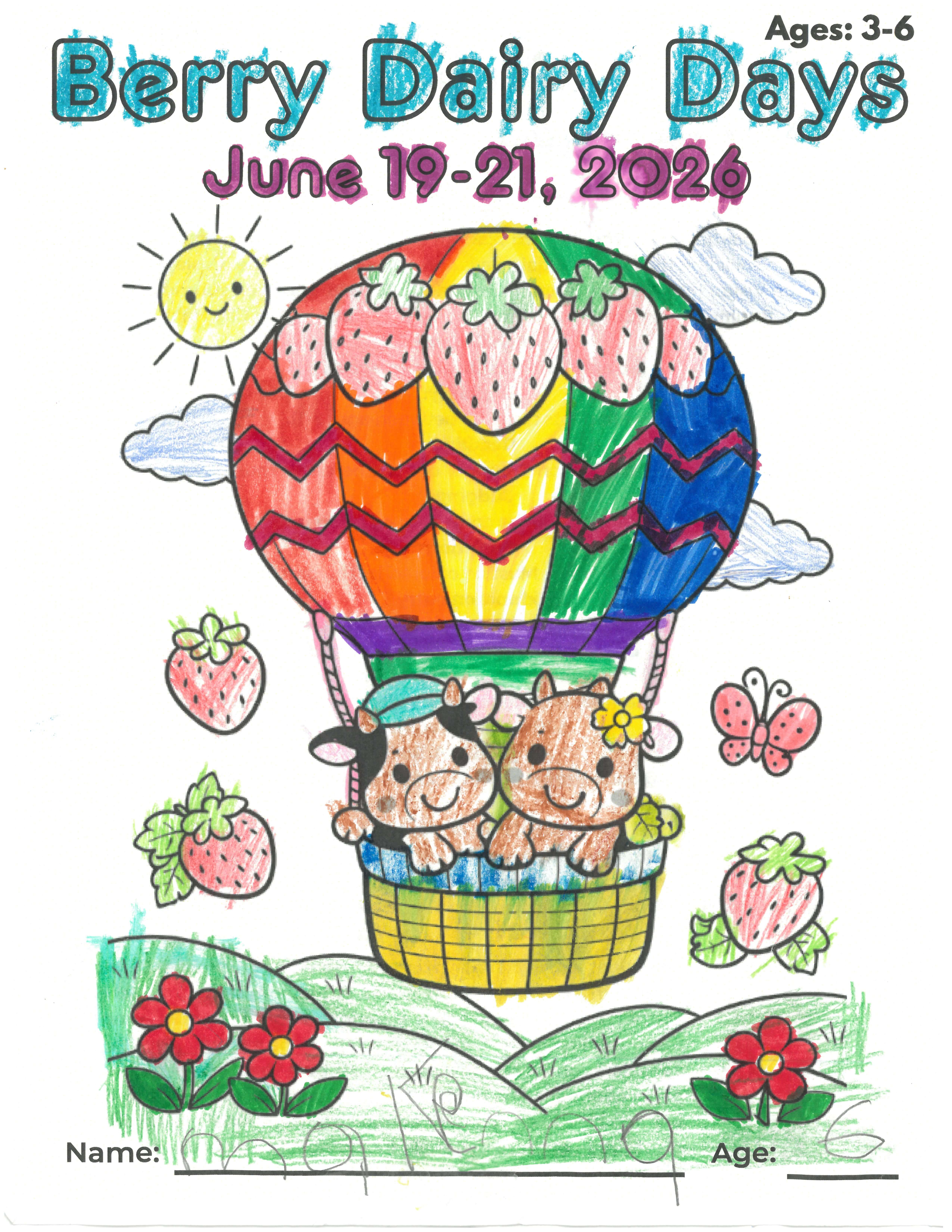 Winning Berry Dairy Days coloring page featuring a rainbow hot air balloon, two cows, strawberries, butterflies, flowers, and green hills.