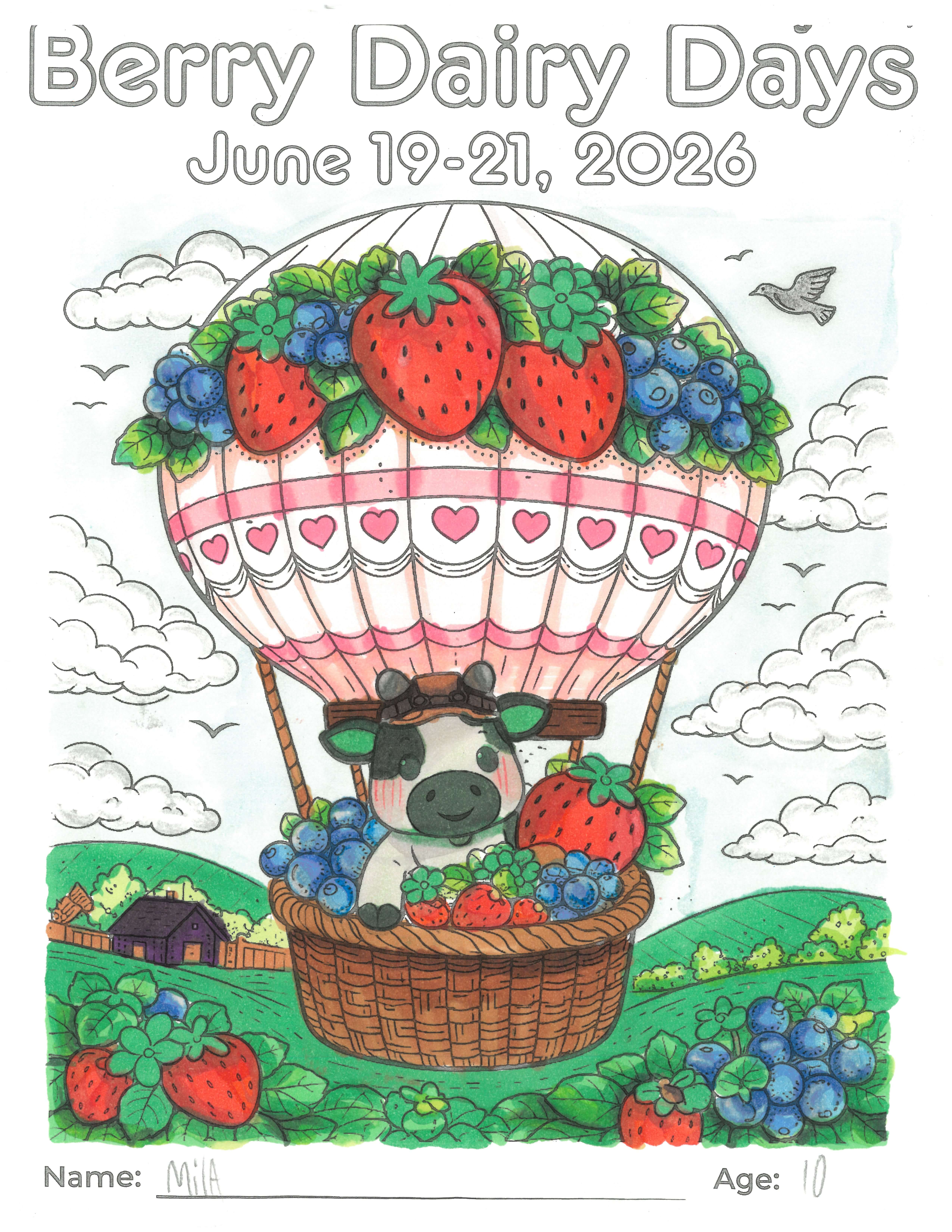 Winning Berry Dairy Days coloring page featuring a pink hot air balloon with hearts, berries, a cow mascot, clouds, and green hills.