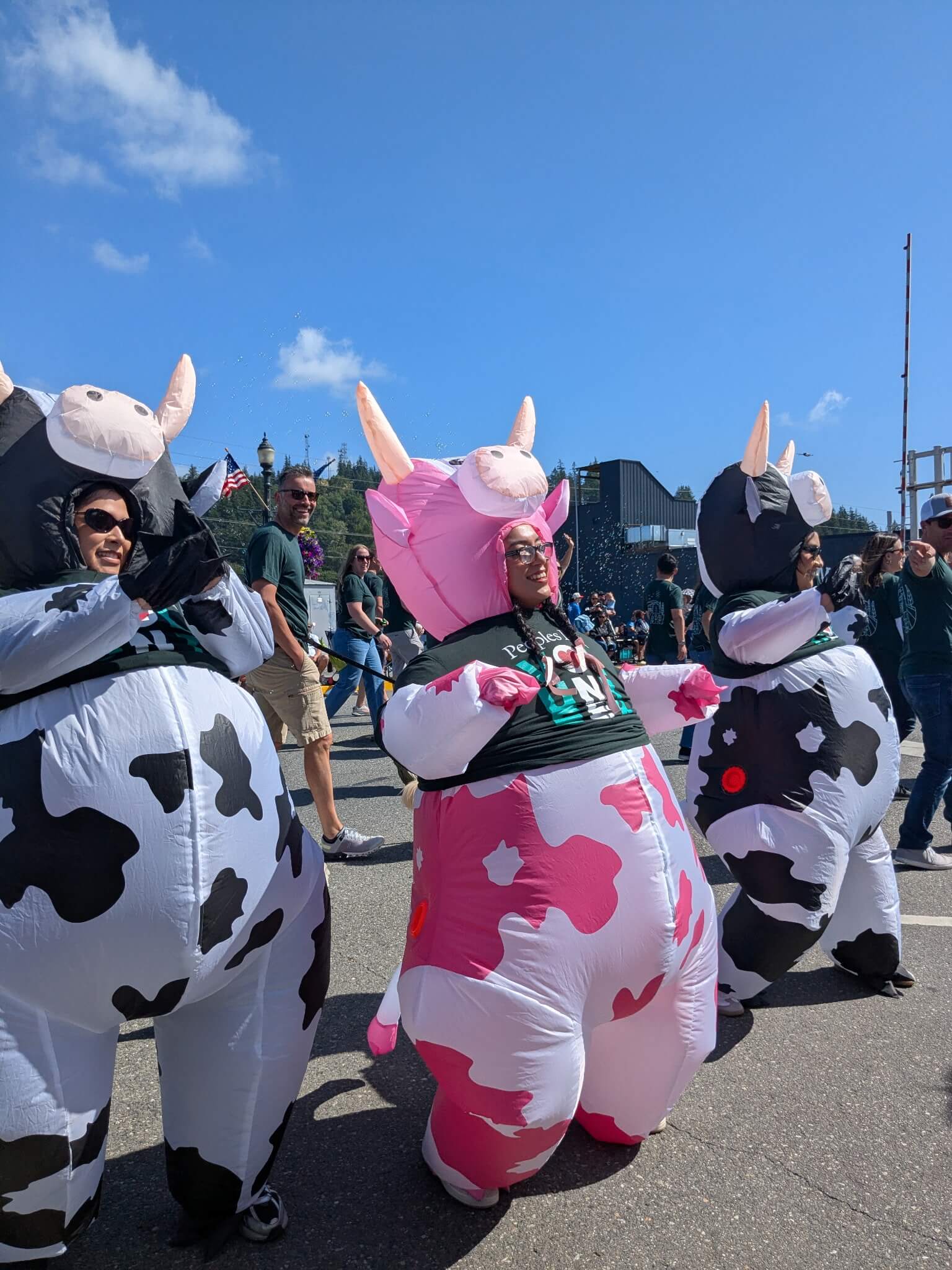 Three people from Peoples Bank dressed up in colorful inflatable cow outfits getting ready for the grand parade