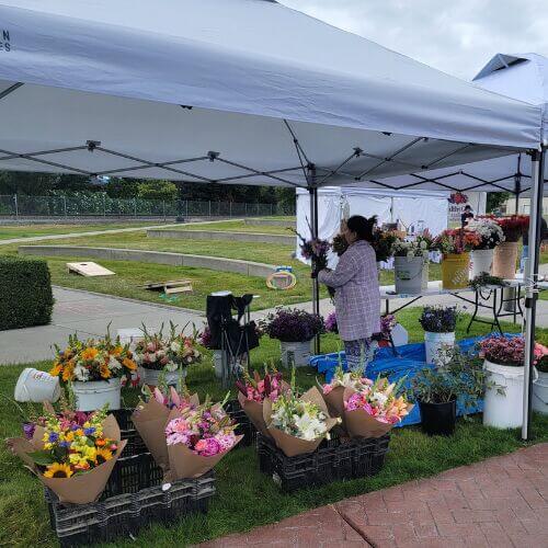 A flower vendor arranges colorful bouquets and potted plants at the Burlington Artisan & Agricultural Market.