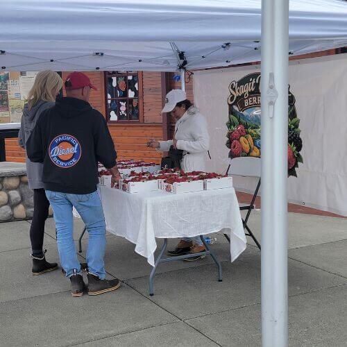 A vendor sells fresh Skagit Valley strawberries at the Burlington Artisan & Agricultural Market.