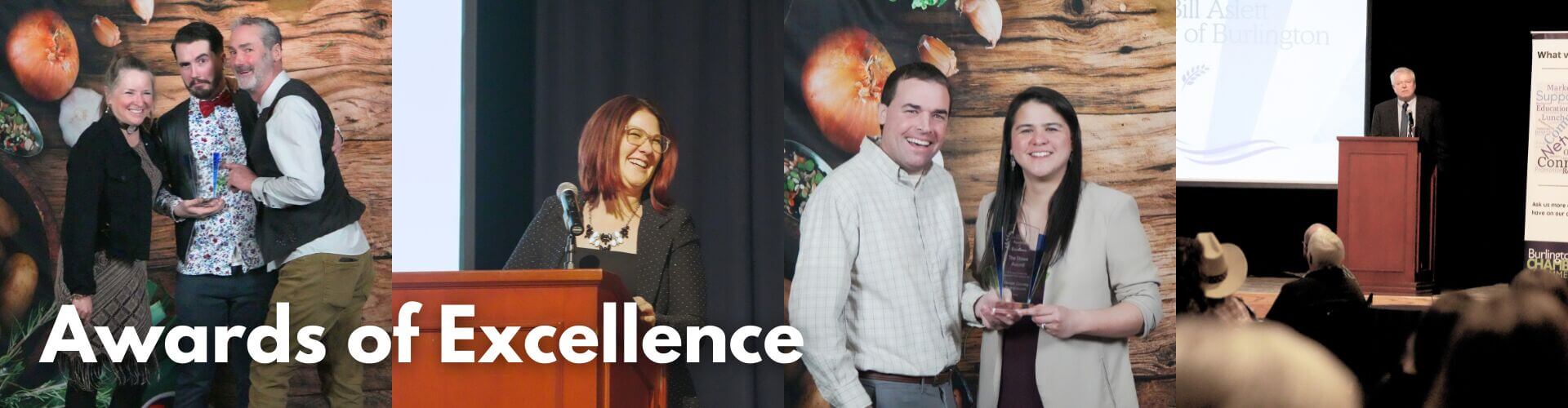 Collage from the 2025 Burlington Chamber Awards of Excellence featuring award presentations and community speakers.