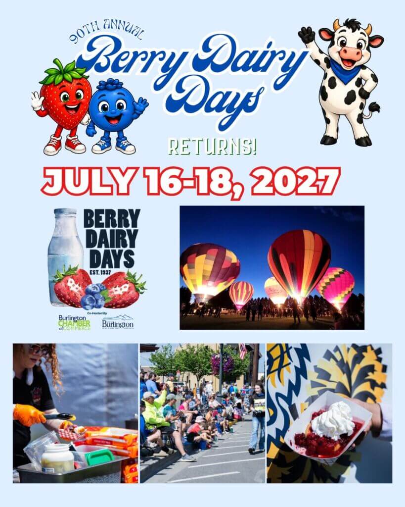 90th Annual Berry Dairy Days returns July 16–18, 2027 in Burlington, Washington, featuring hot air balloons, parade, BBQ and strawberry shortcake