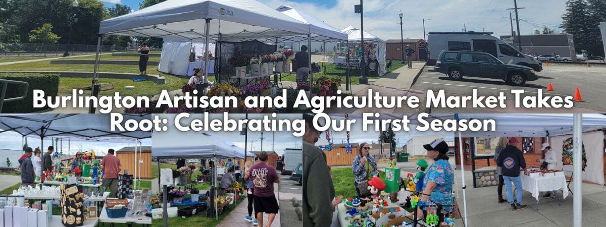 Burlington Artisan and Agriculture Market with local vendors and shoppers at Railroad Park in downtown Burlington, Washington