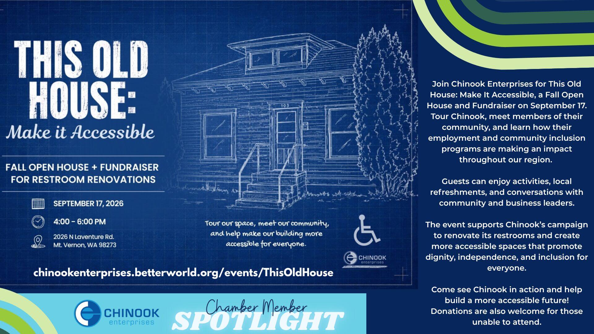 Chinook Enterprises This Old House: Make It Accessible fall open house and fundraiser on September 17, 2026