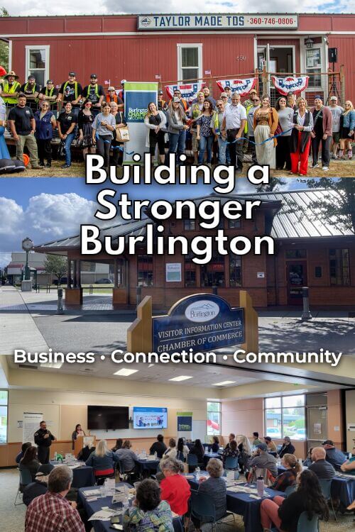 Burlington Chamber of Commerce building, ribbon cutting and business luncheon highlighting local business and community connections in Burlington, WA