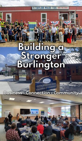 Burlington Chamber of Commerce building, ribbon cutting and business luncheon highlighting local business and community connections in Burlington, WA