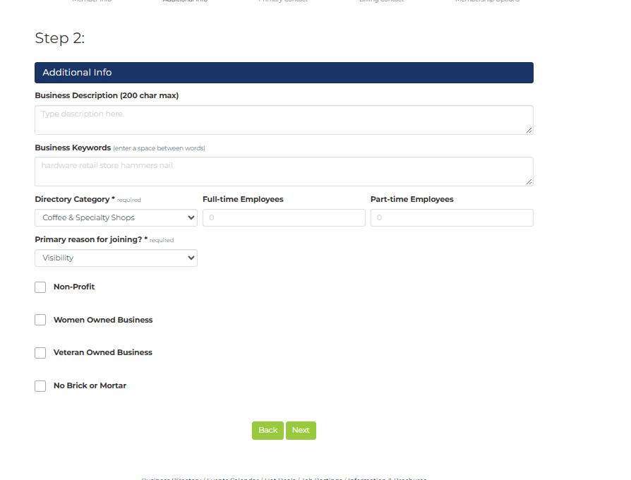 Step 2 of the Burlington Chamber business registration form showing the Directory Category and additional business information fields