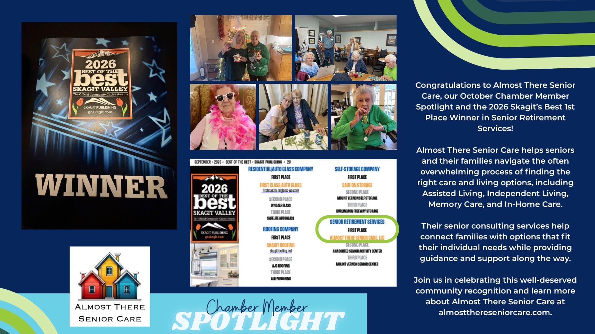 Almost There Senior Care October 2026 Burlington WA Chamber Member Spotlight, celebrating their 1st Place win in Senior Retirement Services in the 2026 Skagit’s Best awards