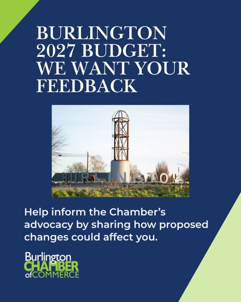 Burlington WA 2027 budget feedback graphic featuring the Burlington city landmark