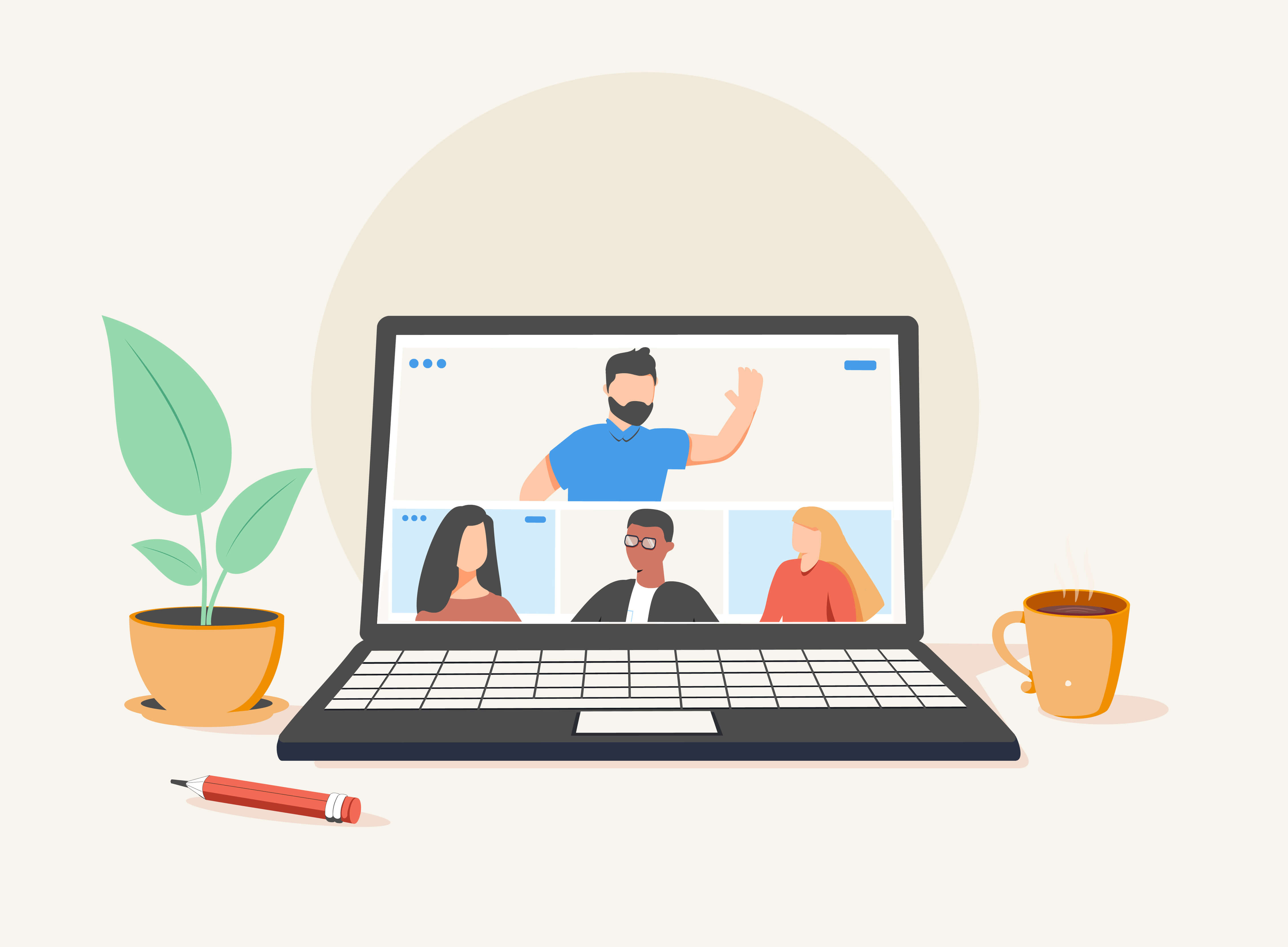 people connecting together, learning and meeting online via teleconference or video conference remote working on laptop computer, work from home and anywhere, flat vector illustration. Web education