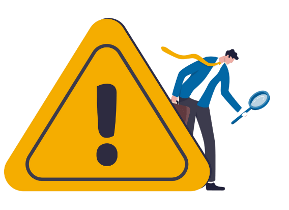 Incident management, root cause analysis or solving problem, identify risk or critical failure concept, businessman with magnifier monitor and investigate incident with exclamation attention sign.