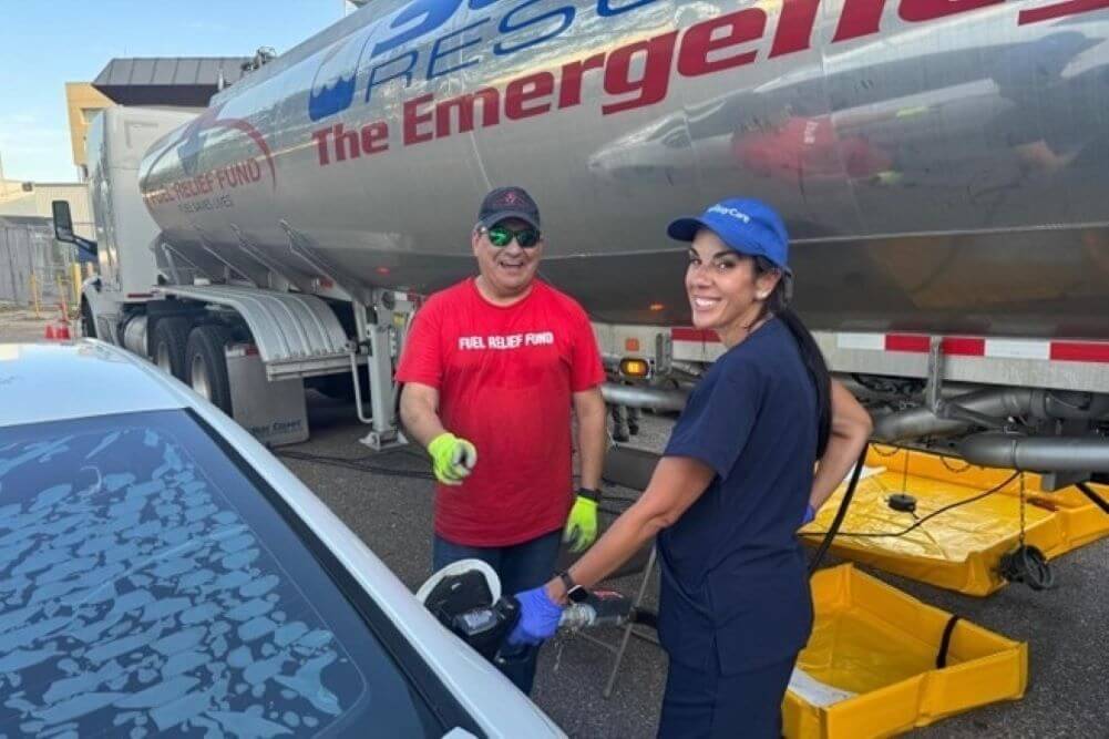Fuel Relief Fund along with Stephanie Conners, Bay Care CEO, pump free gas into a healthcare employee’s vehicle at St. Joseph’s Hospital in Tampa Bay, Florida after Hurricane Milton in October 2024.