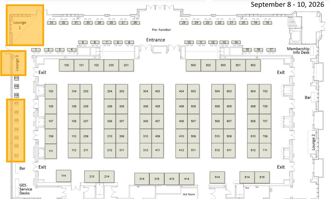 Map of the CFCA Summit Tradeshow. Available exhibitor spaces are highlighted. Updated as of April 17, 2026.