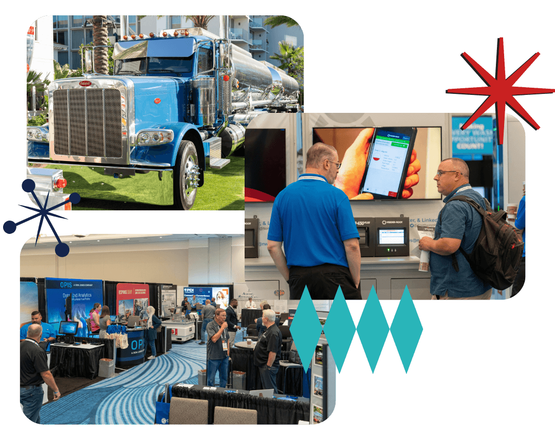 people on a trade show floor and a display tank truck