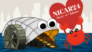 The Baltimore skyline and waterfront with Mr. Trash Wheel and the NICAR24 crab logo.
