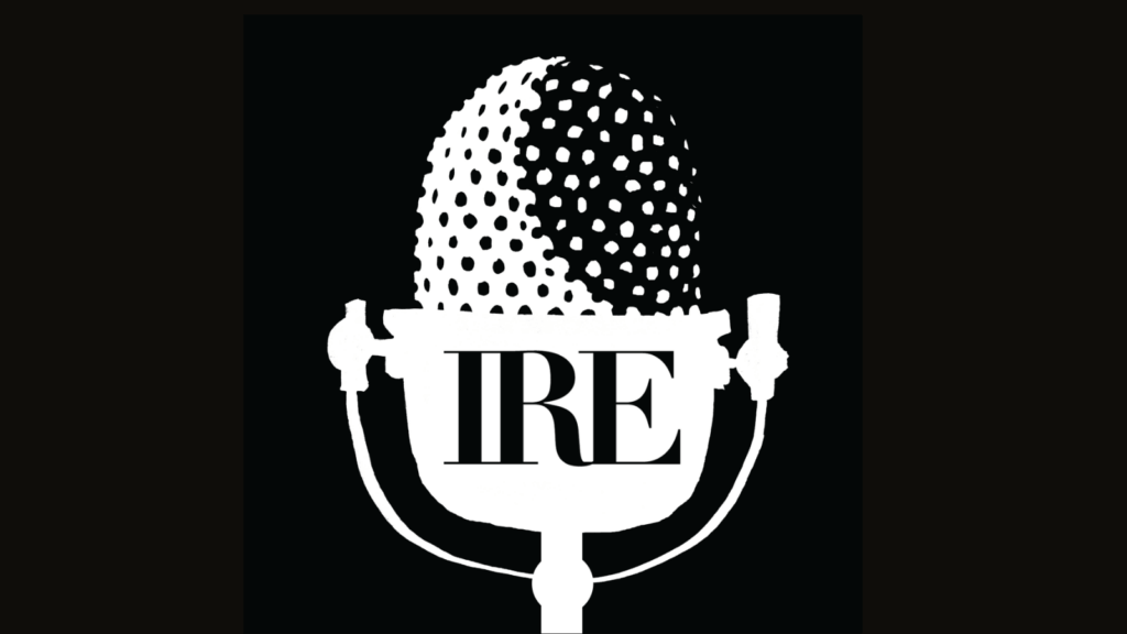 Logo for IRE Radio Podcast: a microphone in white over black background.